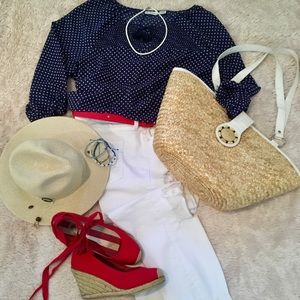 Navy and Cream 3/4 Sleeve Blouse